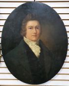 19th century school Oil on board Head and shoulders portrait of a young gentleman  Oval panel