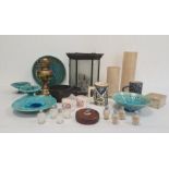 Surveyor's tape, alabaster vases and box, brass oil lamp, iron pestle and mortar, quantity Isnik