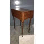 19th century drop-leaf work  table, the rectangular top with rounded corners, above two drawers,