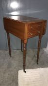 19th century drop-leaf work  table, the rectangular top with rounded corners, above two drawers,