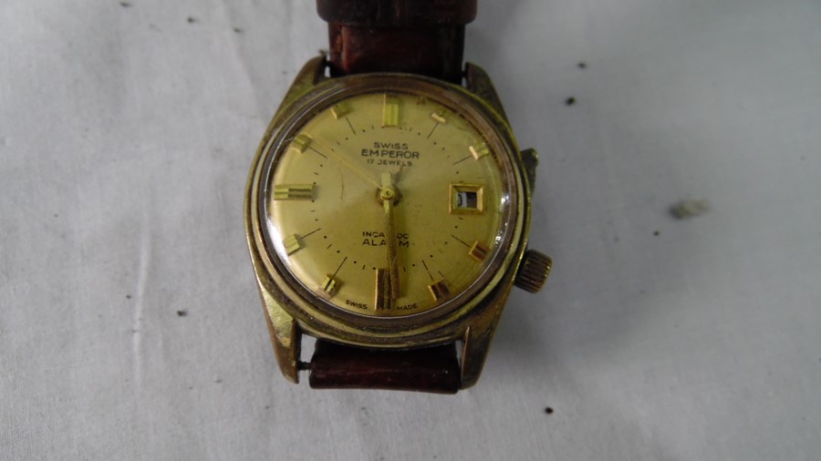 Swiss Emperor 17-Jewels Incabloc alarm watch with baton numerals to the gold coloured dial, - Image 5 of 14