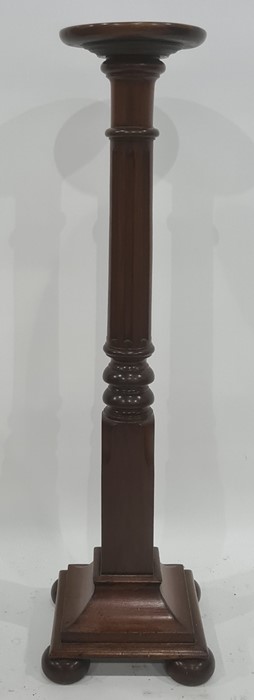 Mahogany aspidistra stand, the circular top with fluted, turned and block column, to square base, on