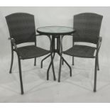 Circular glass topped garden table and two chairs (3)