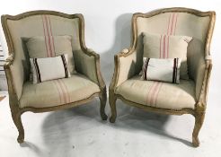 Pair 19th century style wing back chairs in the French taste, French linen upholstered seat and