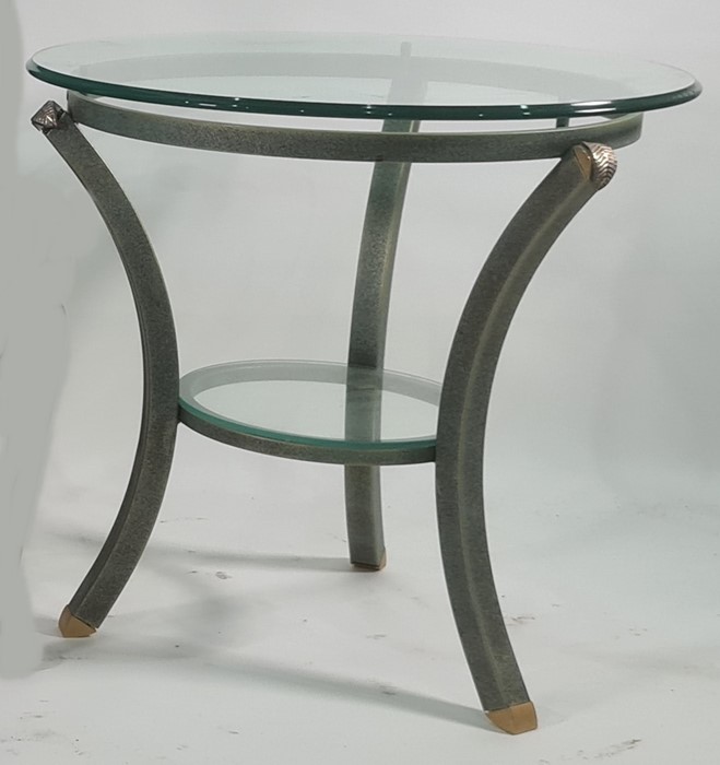 Circular coffee table with glass top, on metal base, in the Egyptian taste, 59cm diameter