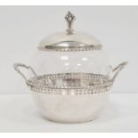 Early 20th century silver-mounted and glass two-handled conserve pot with berry finial, circular