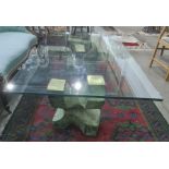 Valenti coffee table with rectangular glass top, on verdigris and polished bronze base Condition