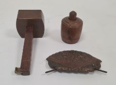 Vintage brass-bound scribing gauge, wooden butter pat and Japanese bronzed-effect metal fan-