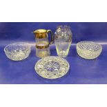 Cut glass silver plated mounted water jug, two cut glass fruit bowls, vase and other items (8)