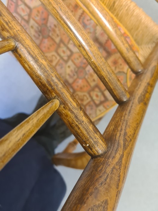 Philip Clisset hardwood spindle back elbow chair with rush seat (marked P C to top of both - Image 3 of 14