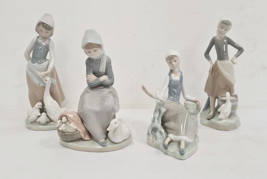 Lladro girl with stool, pail and goose, 24 cm, Lladro goosegirl with goose and goslings, another