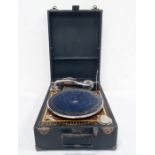Portable table-top gramophone player, possibly 1930's, with parquetry inlay effect beneath the