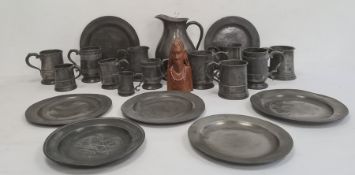 Quantity pewter ale mugs, pewter jug and pewter platters