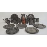 Quantity pewter ale mugs, pewter jug and pewter platters
