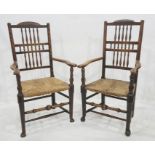 Pair of similar open arm rush-seated chairs having three tiers of turned spindles, rush seats,
