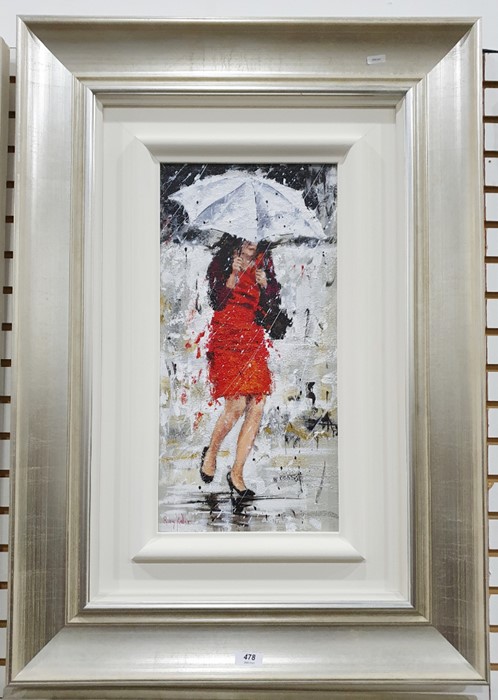 (Ruby Keller )  - Peter Worswick ( b 1961 - ) Pair oils on board Female figures in the rain, both - Image 2 of 4