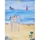 Dora Holzhandler (1928 - 2015) Oil on canvas Three semi nude women on a beach Signed and dated lower