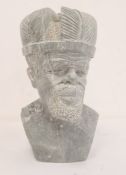 Indigenous carved soapstone bust, man with crown 33cms h.