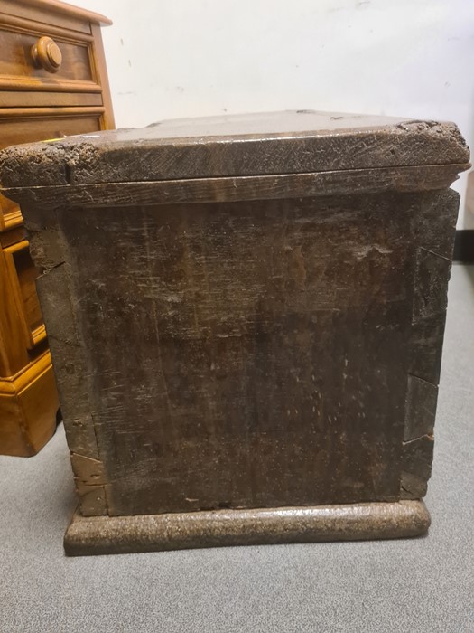 Antique carved oak coffer, the front panel with foliate scroll and all on plinth base, 91cm wide ( - Image 10 of 15