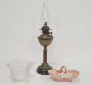 Victorian brass and glass oil lamp having fluted etched shade with palmette decoration and a pink