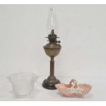 Victorian brass and glass oil lamp having fluted etched shade with palmette decoration and a pink