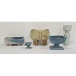 Elaine Goddard turquoise glazed pedestal bowl, rectangular and reeded on step foot, similar