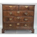 Georgian-style walnutwood chest of two short and three long graduated drawers with brass swan-neck