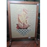 20th century oak-framed needlework firescreen