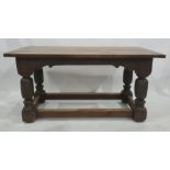 18th century oak plank top rectangular table with pleated end supports, heavy turned legs to block