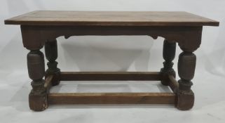 18th century oak plank top rectangular table with pleated end supports, heavy turned legs to block