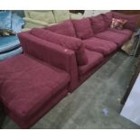 MultiYork corner sofa and pouffe in plum upholstery, with two scatter cushions