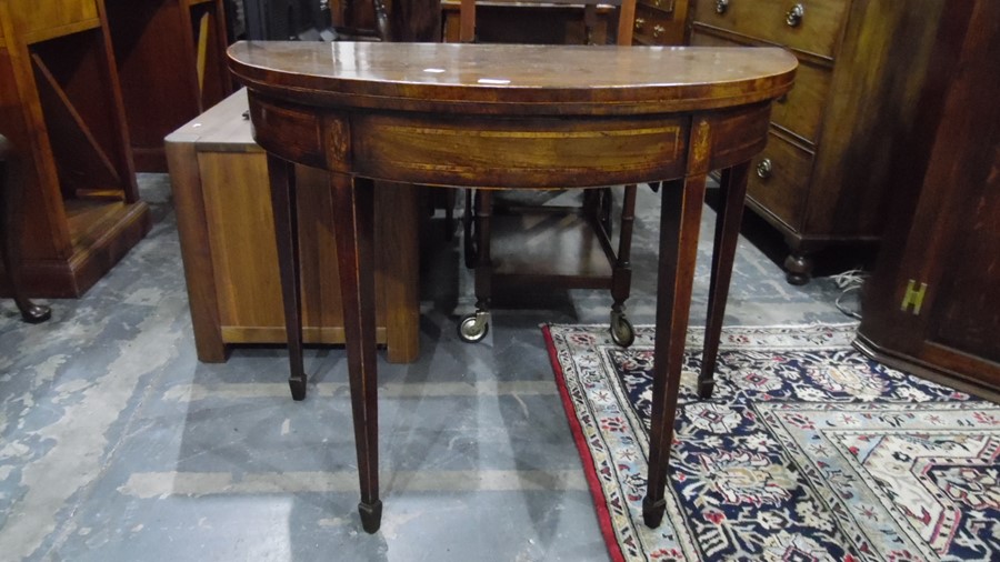 19th century mahogany demi-lune card table, the top with decorative inlay, on square section - Image 4 of 7