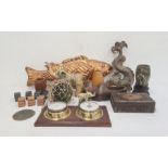 Carved wooden items, green glass witch's ball and other collectable items