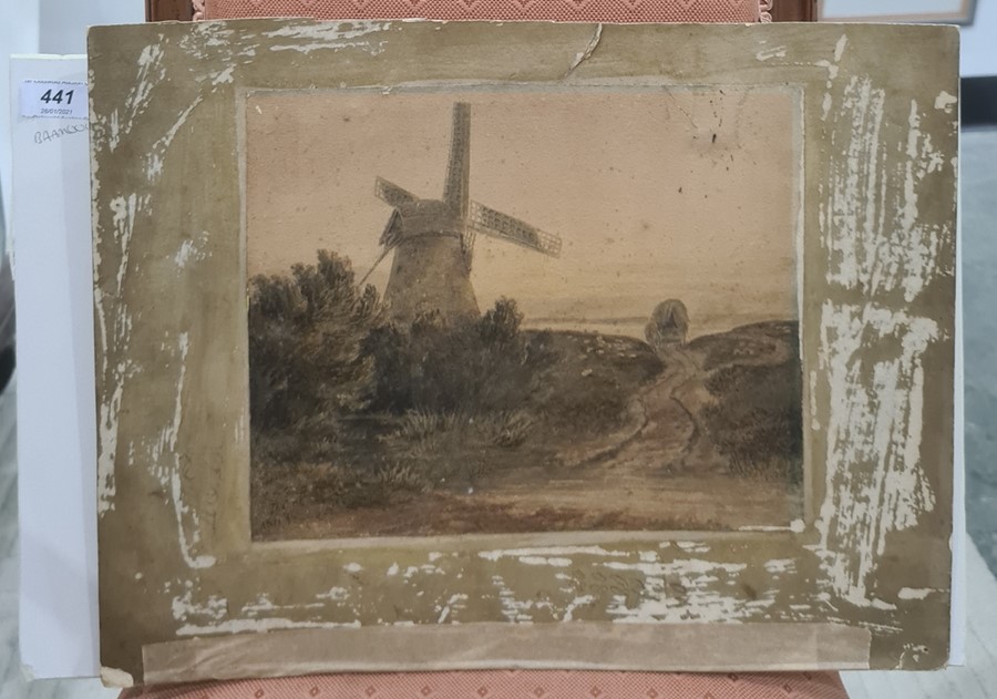 Circle of David Cox (1783-1859)  Watercolour Wagon on track alongside a windmill, bearing - Image 2 of 2