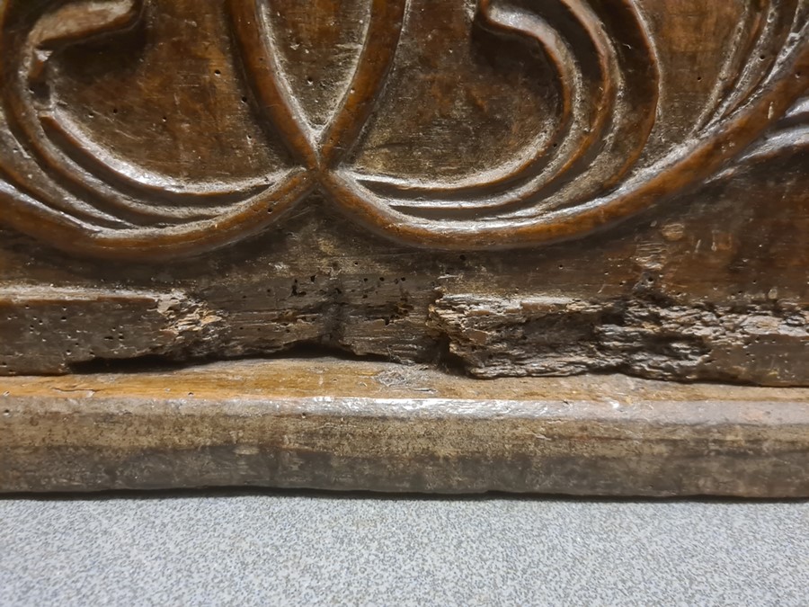 Antique carved oak coffer, the front panel with foliate scroll and all on plinth base, 91cm wide ( - Image 7 of 15