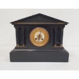 Black slate mantel clock of architectural Greek form, Arabic numerals to the dial, on plinth base,