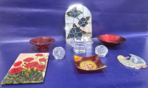 Red glass dish decorated with millefiori cane tree, modern heavy clear glass bowl, two red bowls and