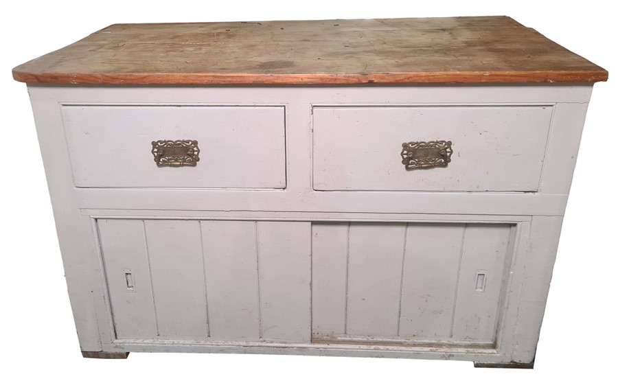 Vintage pine-topped dresser base with two painted drawers above two sliding doors, 124cm wide x 81cm