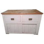 Vintage pine-topped dresser base with two painted drawers above two sliding doors, 124cm wide x 81cm