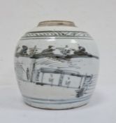 Old Chinese ginger jar of typical form with underglaze blue painted decoration, lake scene with boat