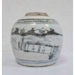 Old Chinese ginger jar of typical form with underglaze blue painted decoration, lake scene with boat