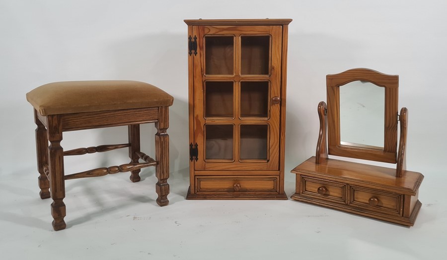 Oak stool, a modern pine dressing table mirror and a wall-hanging pine cabinet with glazed door