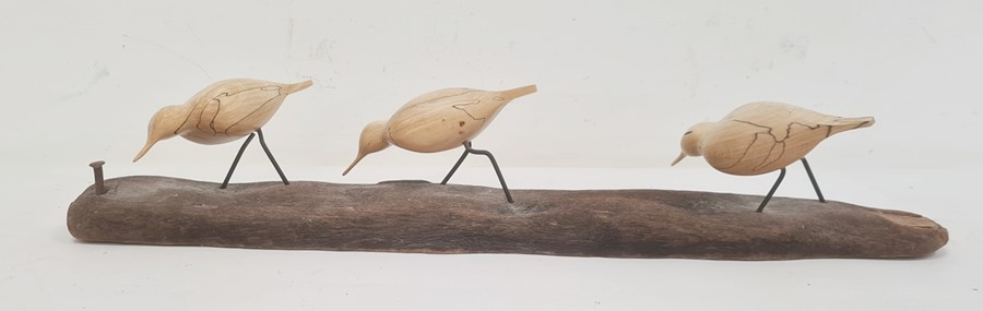 Bruno Charron spalted beech and driftwood three bird sculpture, 56cm wide