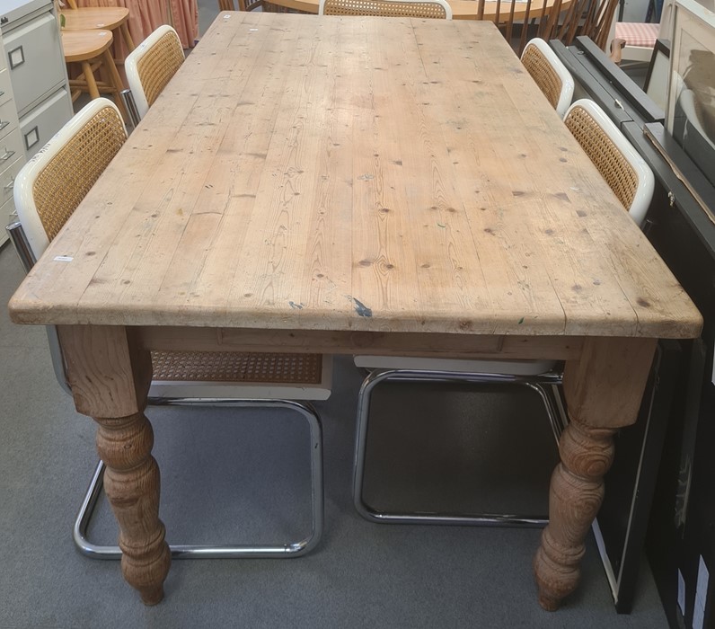 20th century pine-topped rectangular table on turned supports, peg feet, the top 90 x 164cm