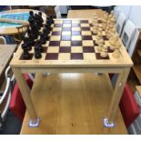 Beech chess table on square supports (with chess pieces)