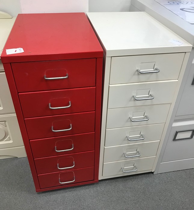 Six-drawer white painted metal filing cabinet and one red one (2)