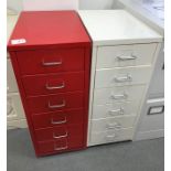 Six-drawer white painted metal filing cabinet and one red one (2)