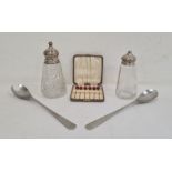 Two silver-mounted lidded and glass sifters, a cased set of silver and red beaded cocktail sticks,