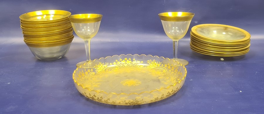 Victorian gilt and clear glass shallow dish with scalloped edge, floral decorated and quantity