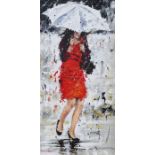 (Ruby Keller )  - Peter Worswick ( b 1961 - ) Pair oils on board Female figures in the rain, both
